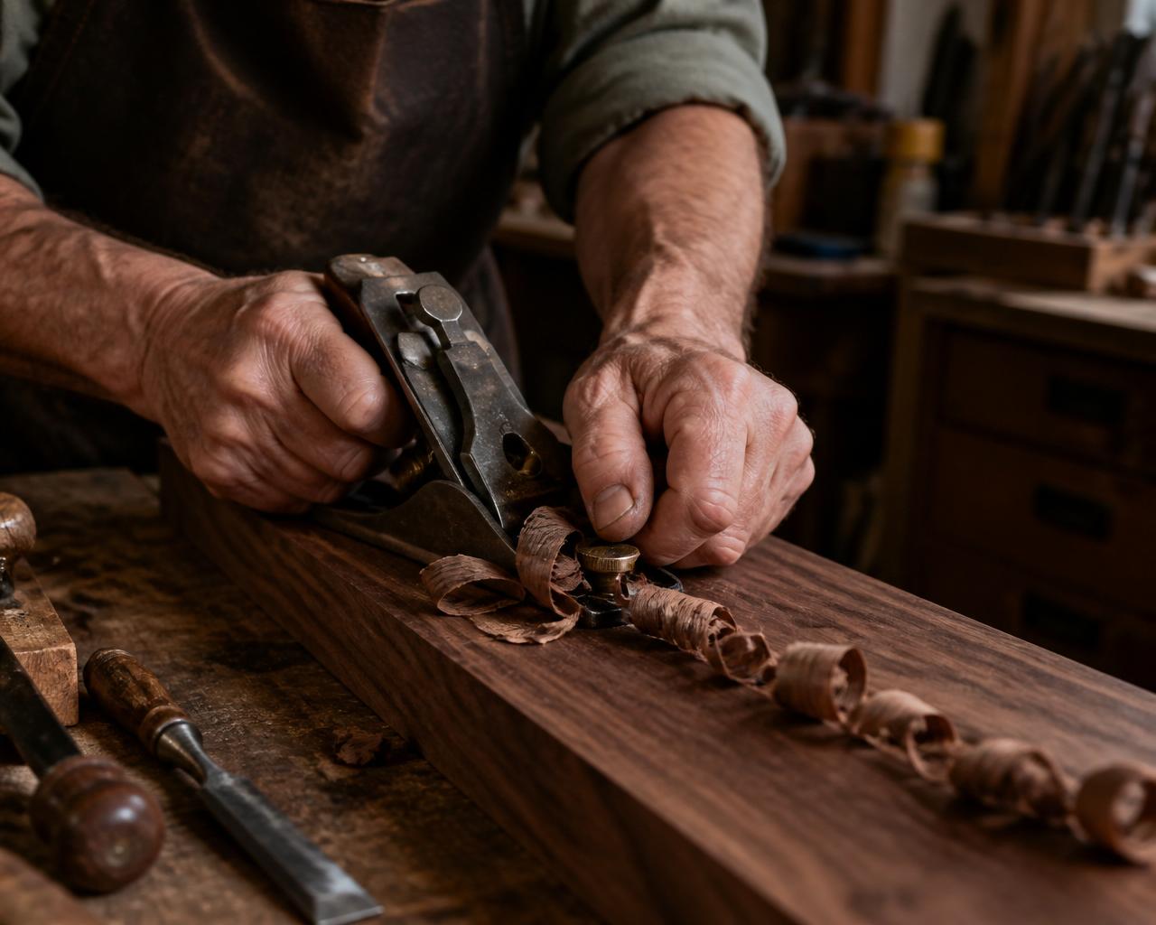 A carpenter sanding solid oak in the Almary atelier