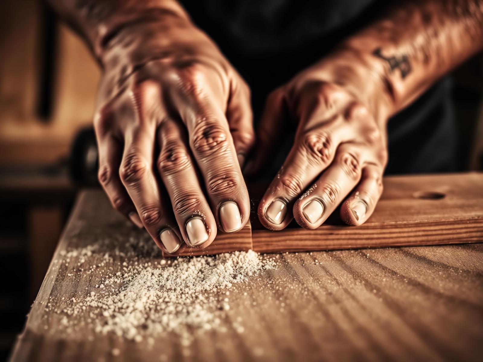 A carpenter sanding solid oak in the Almary atelier
