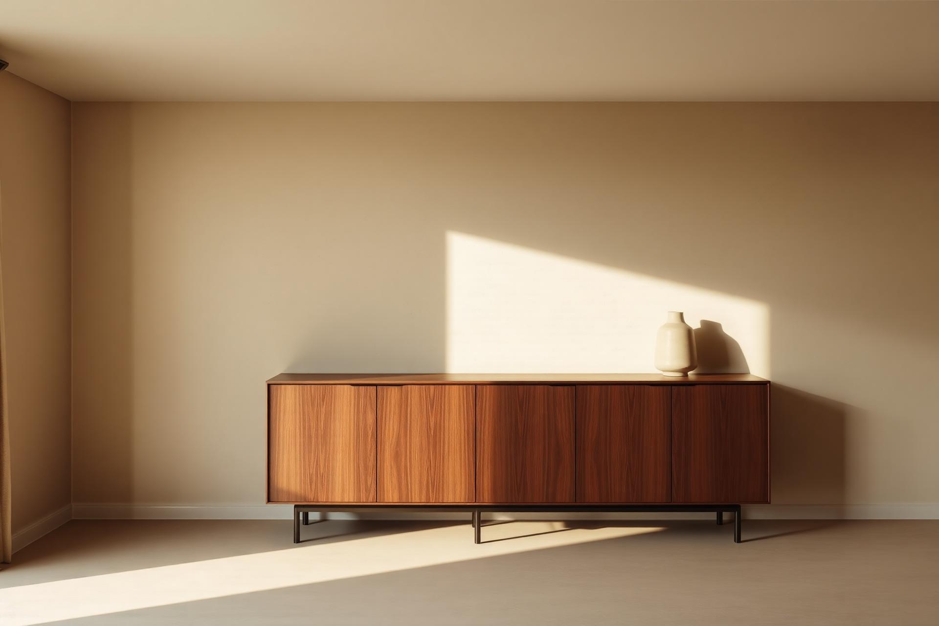 A walnut sideboard in a sunlit room